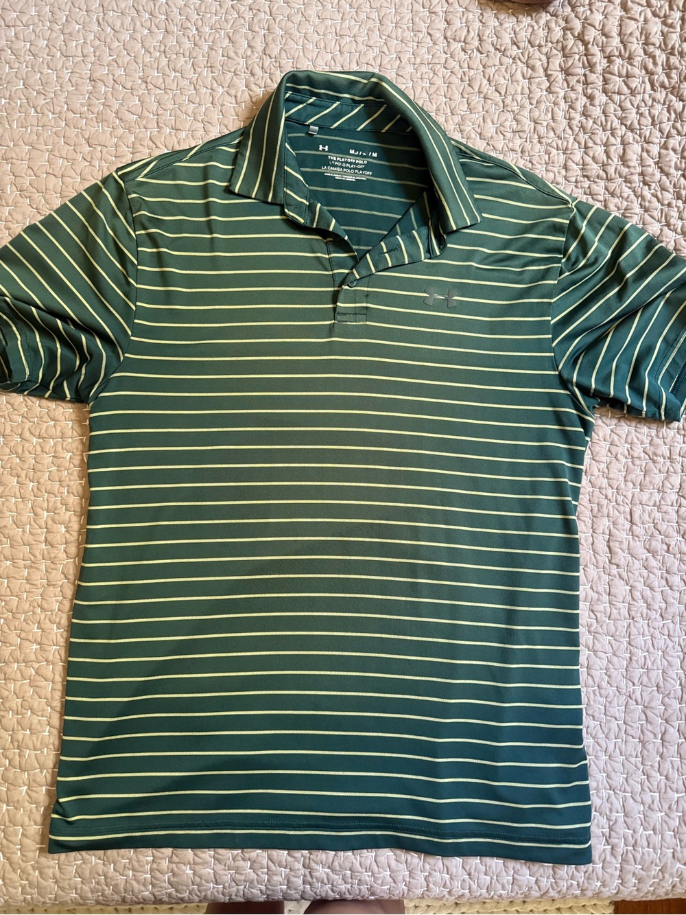 Under Armour Men’s Playoff Polo - Forest Green with Light Yellow Stripes